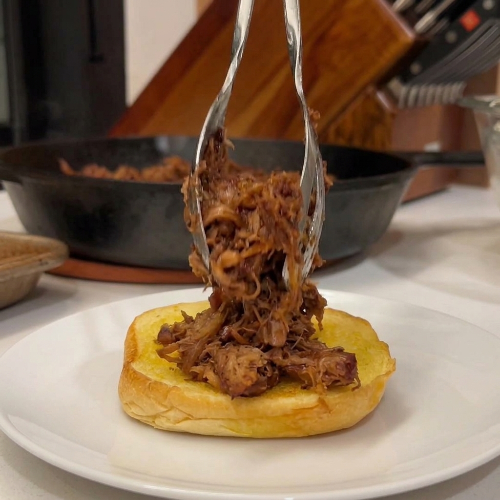 トングを使って、トーストしたバンズの上にたっぷりのBBQプルドポークを盛り付けている様子。