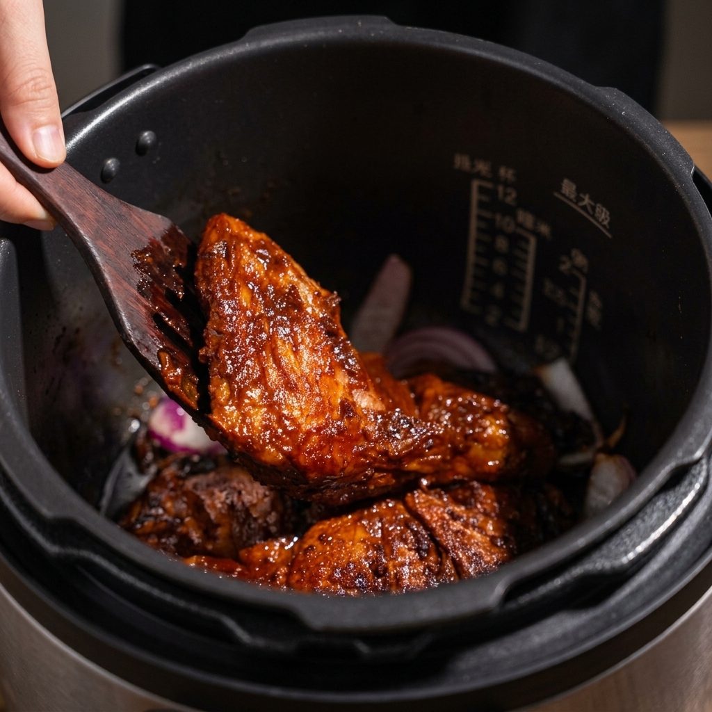 スライスした赤玉ねぎを敷いた圧力鍋の底に、焼き色をつけた豚肉を並べている様子。