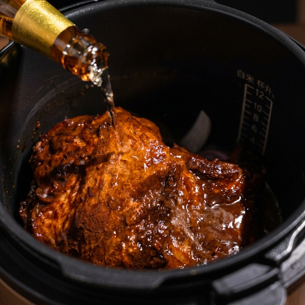 豚肉と玉ねぎが入った圧力鍋に、ボトルからビールを注いでいる様子。