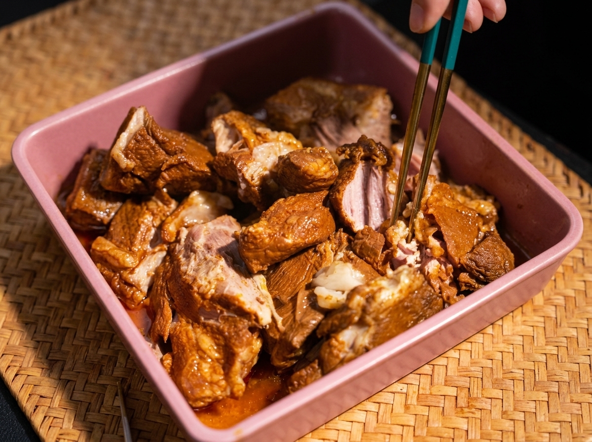 柔らかく煮上がった豚肉を、トングやフォークを使って細かく引き裂いている様子。