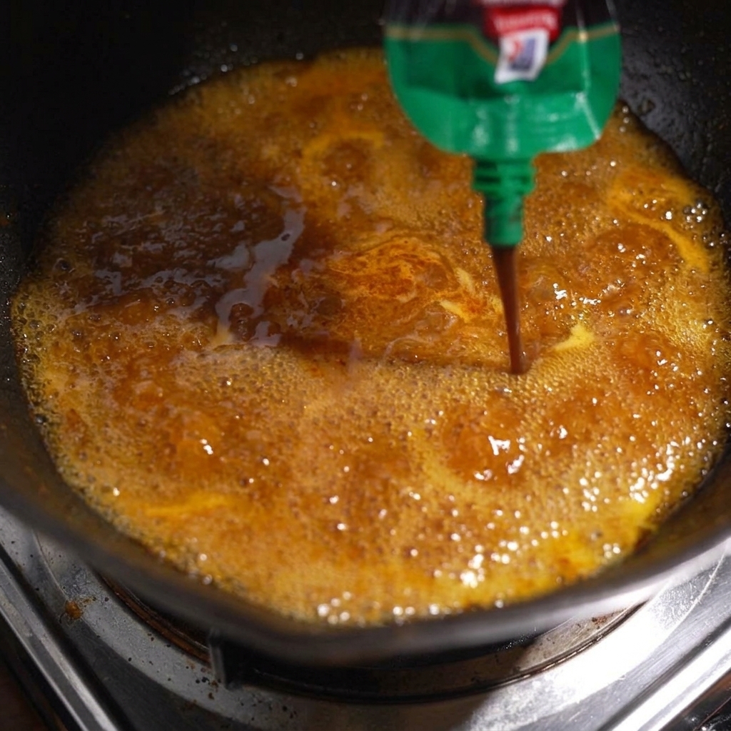 フライパンでグツグツと沸騰している茶色の煮汁に、ソースを加えて味を整えている様子。
