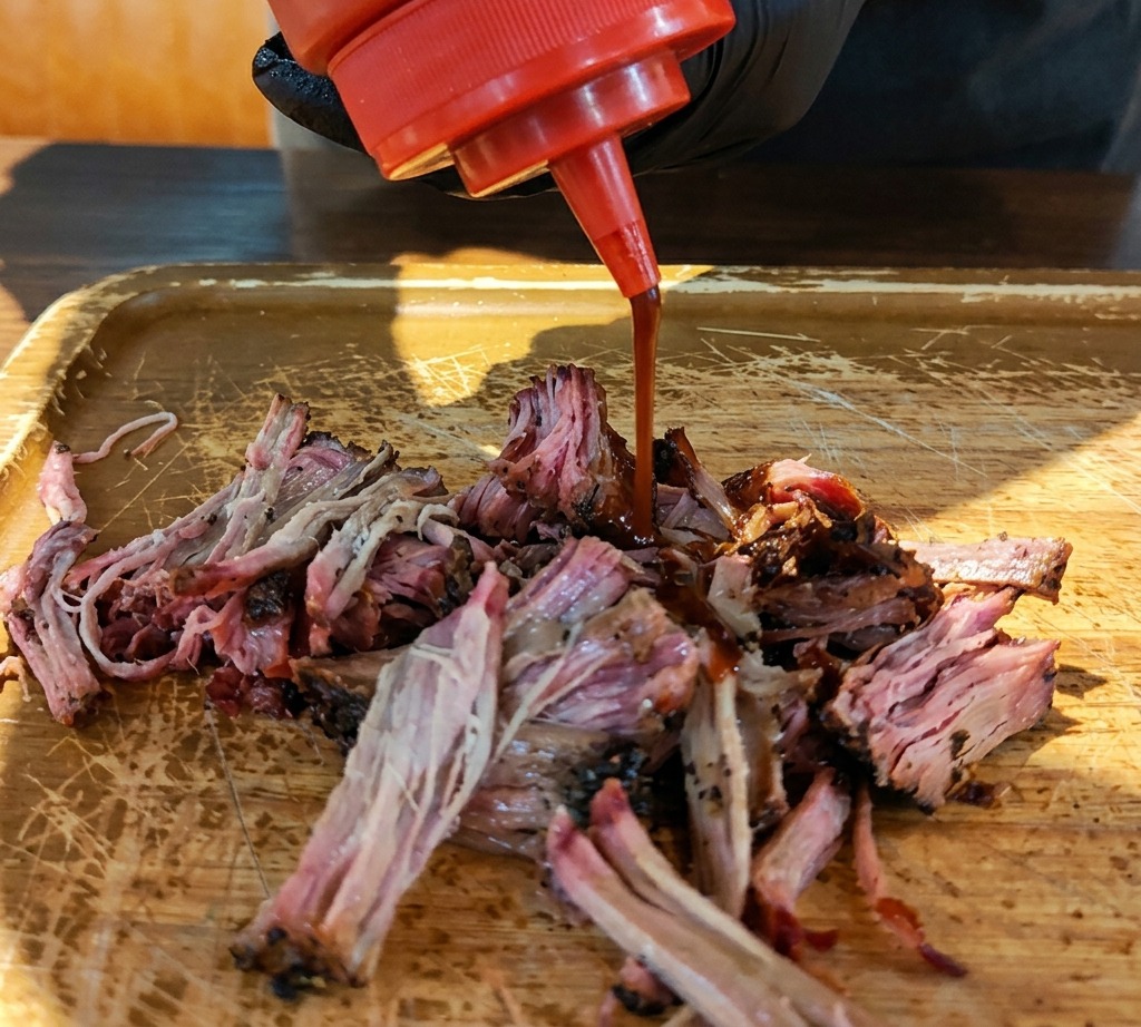 カッティングボード上のほぐしたお肉に、赤いボトルからダークBBQソースをたっぷりとかけている様子。