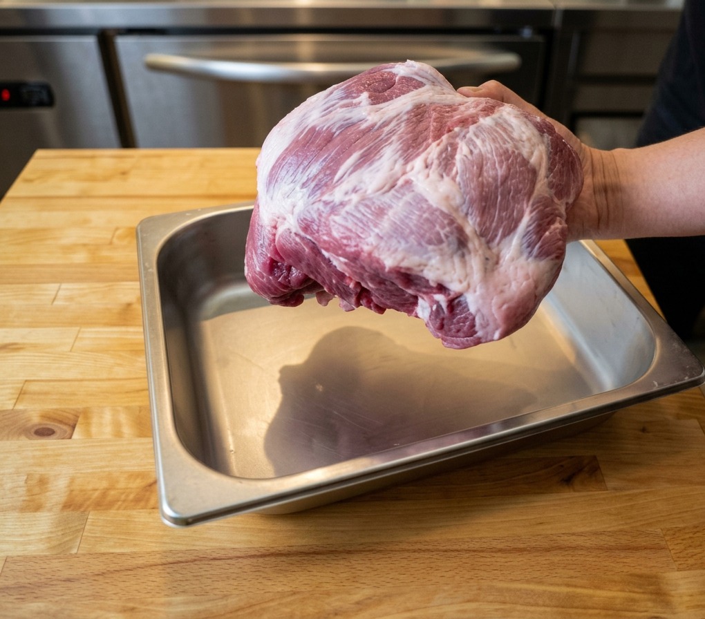 ステンレス製のトレイに乗せられた大きな豚肩ロースの塊肉。