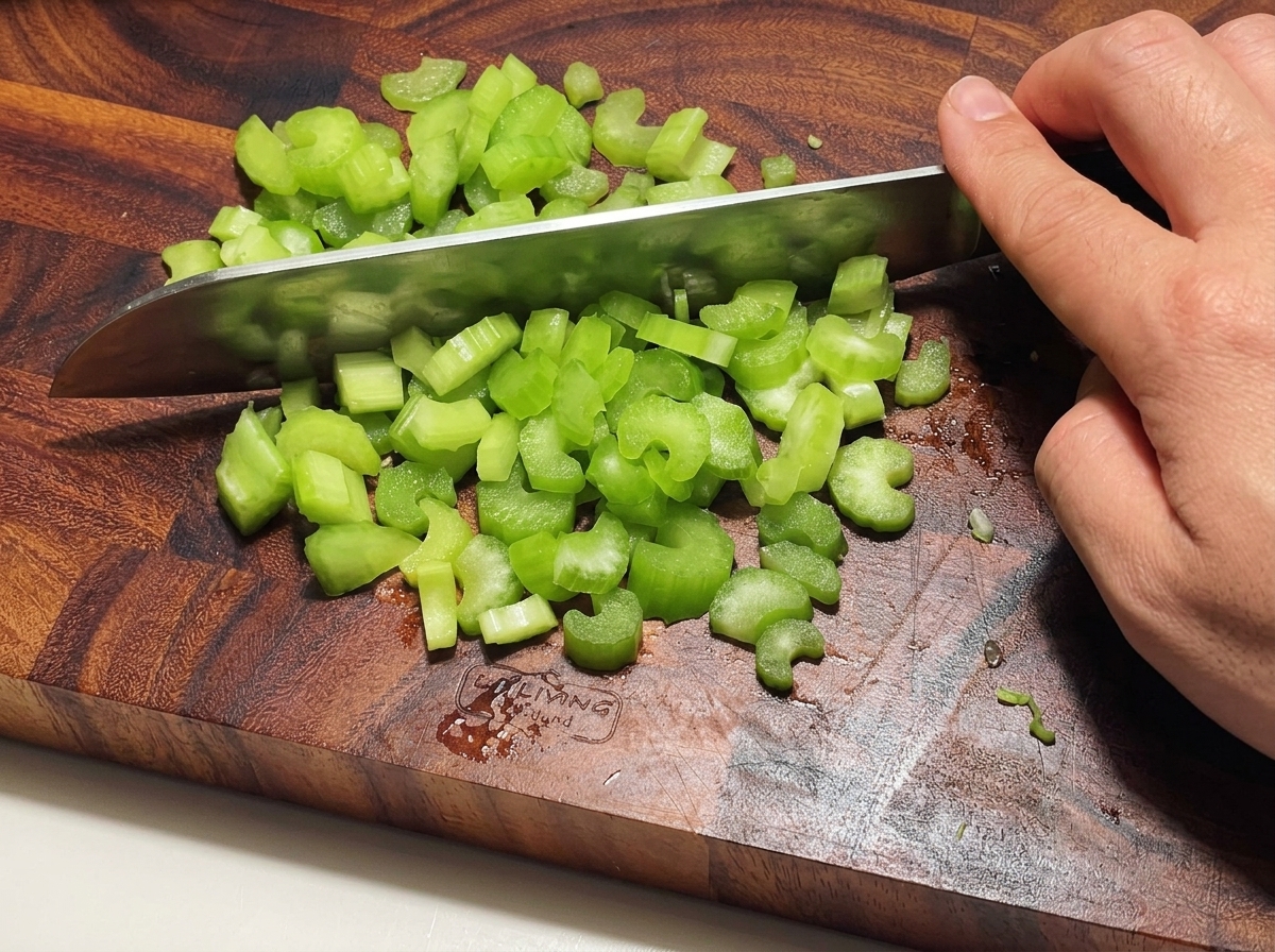 セロリの茎を細かくみじん切りにしている様子。
