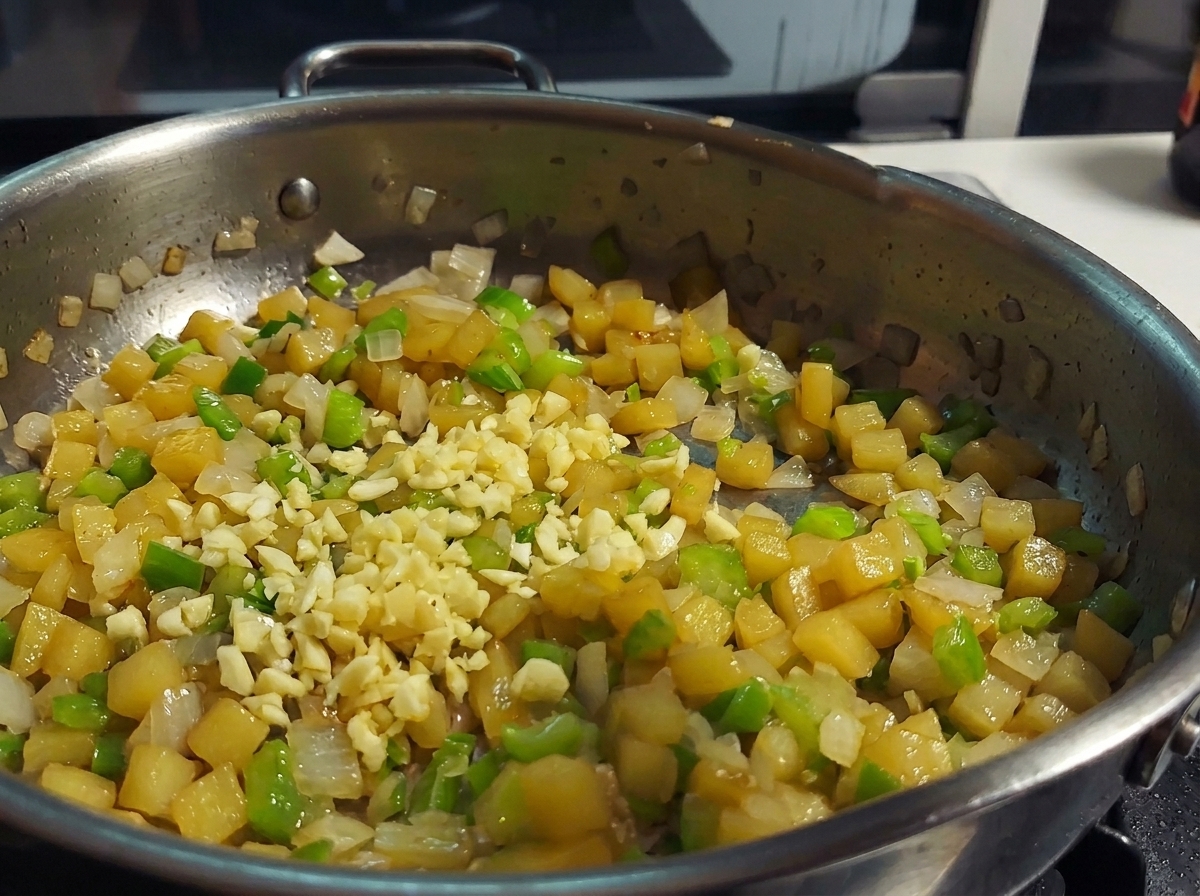 炒めた野菜にみじん切りのにんにくを加える様子。