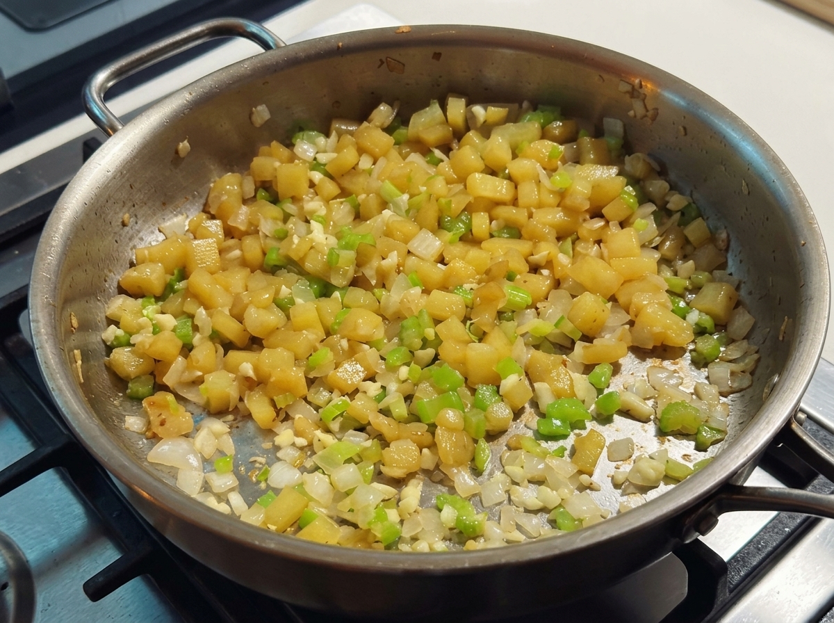 野菜と一緒にバターを溶かし、小麦粉を振り入れている様子。