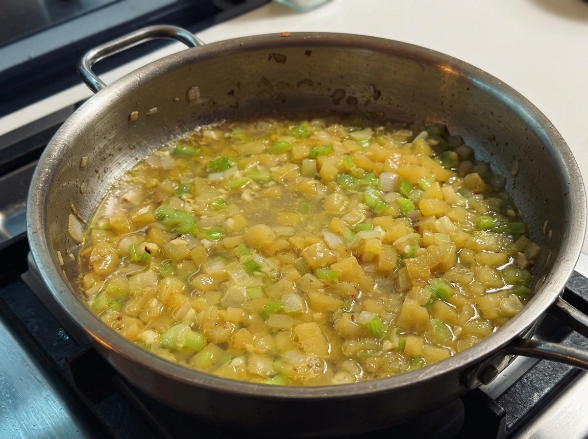 炒めた野菜の鍋に、濾しておいた貝の出汁を注いでいる様子。