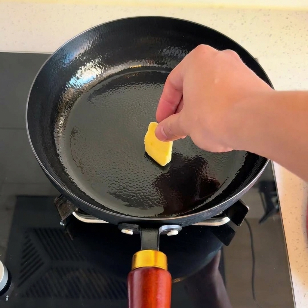 熱した黒いフライパンに四角いバターを入れている手。