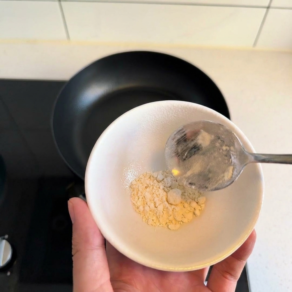 小さな白いボウルに入った一杯の小麦粉。