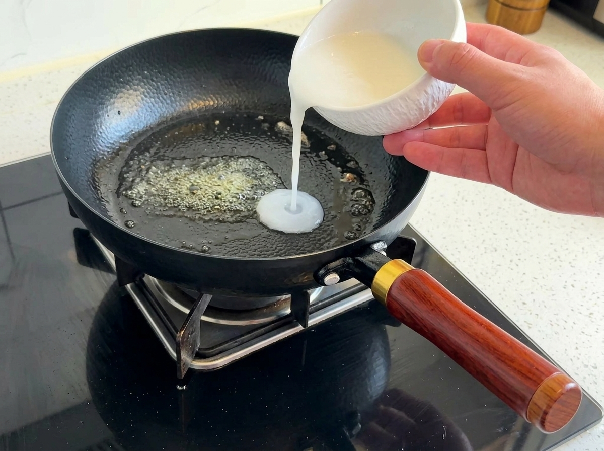 溶けたバターが入ったフライパンに、ボウルから水溶き小麦粉を注いでいる。