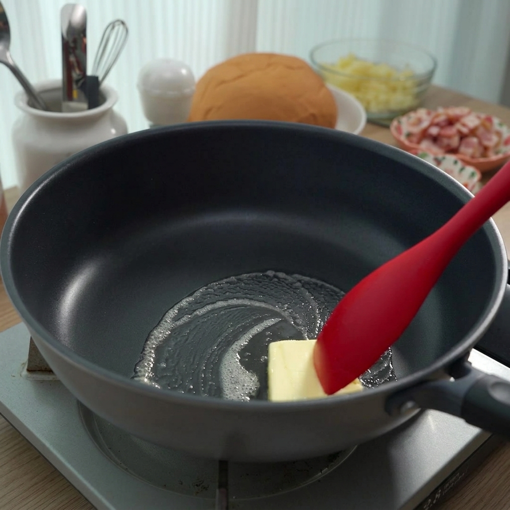 フライパンで四角いバターが溶けていくのを、赤いスパチュラで混ぜている様子。