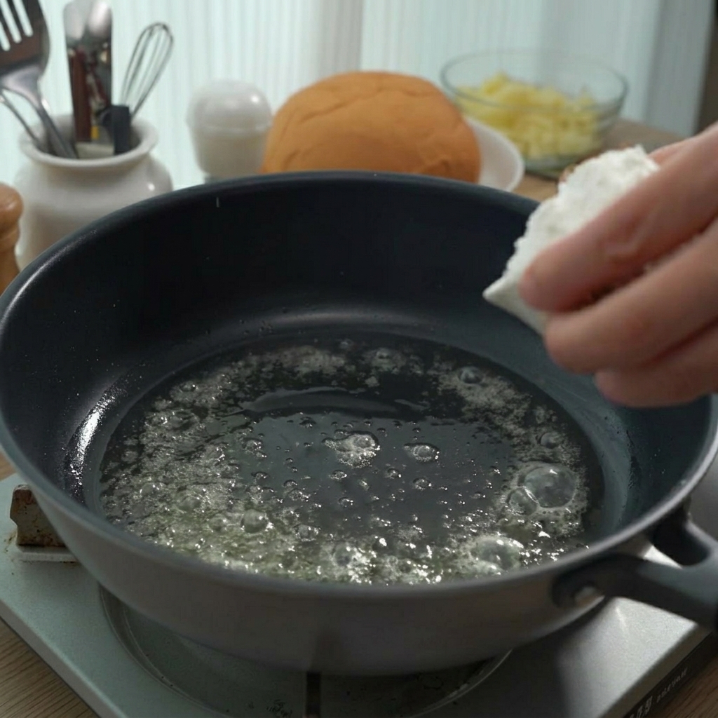 溶けたバターの中に小麦粉を振り入れている様子。