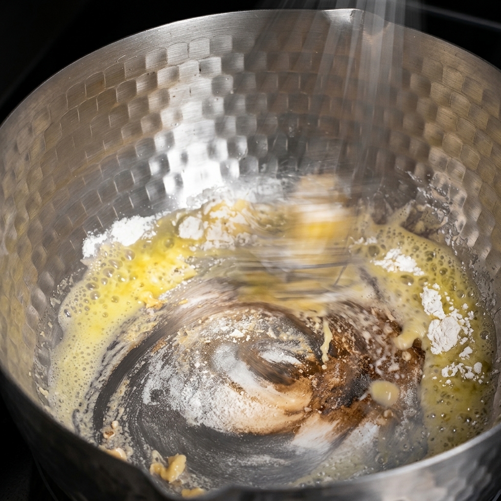 鍋の中で溶かしたバターと小麦粉を泡立て器で混ぜ合わせている様子