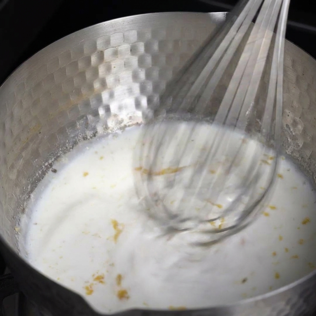 鍋の中の白いソースを泡立て器で勢いよく混ぜて滑らかにしている様子