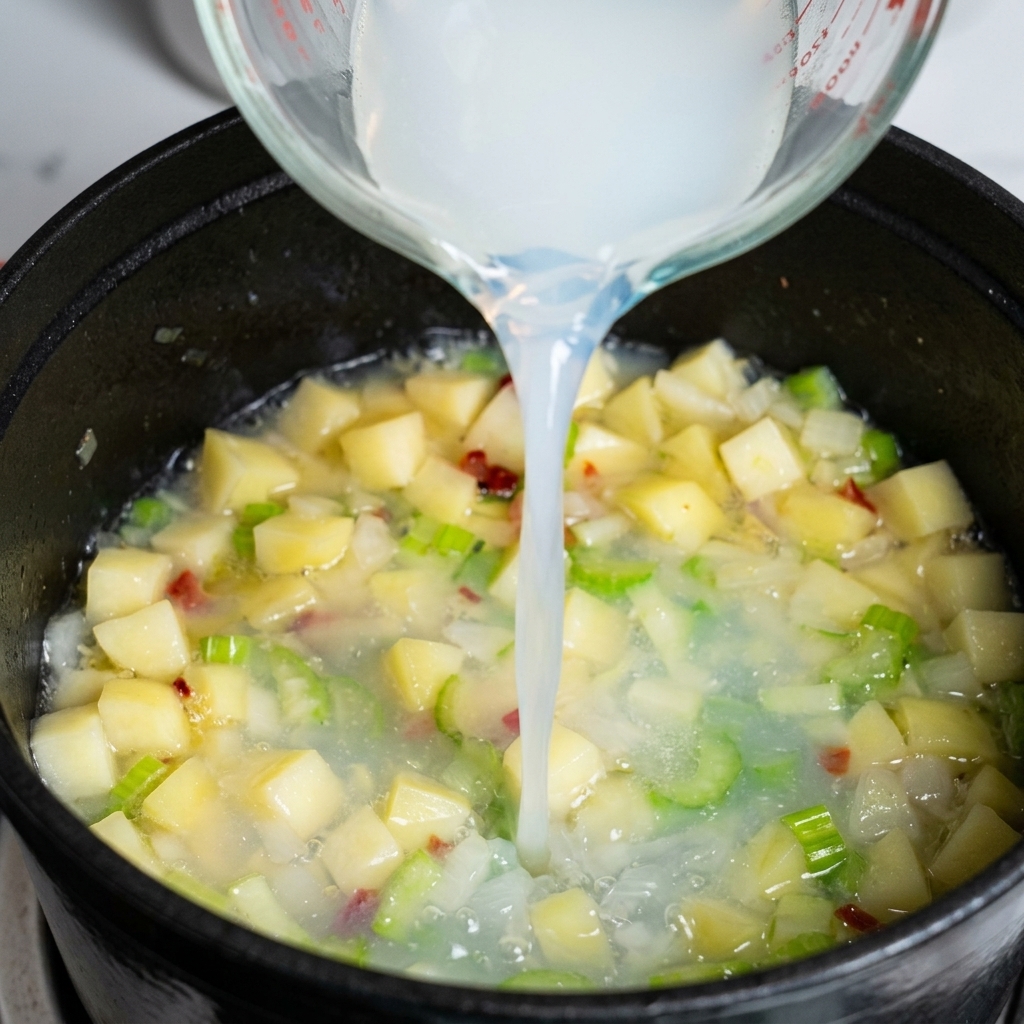 野菜の入った鍋に、白濁したあさりの出汁を注ぎ入れている様子
