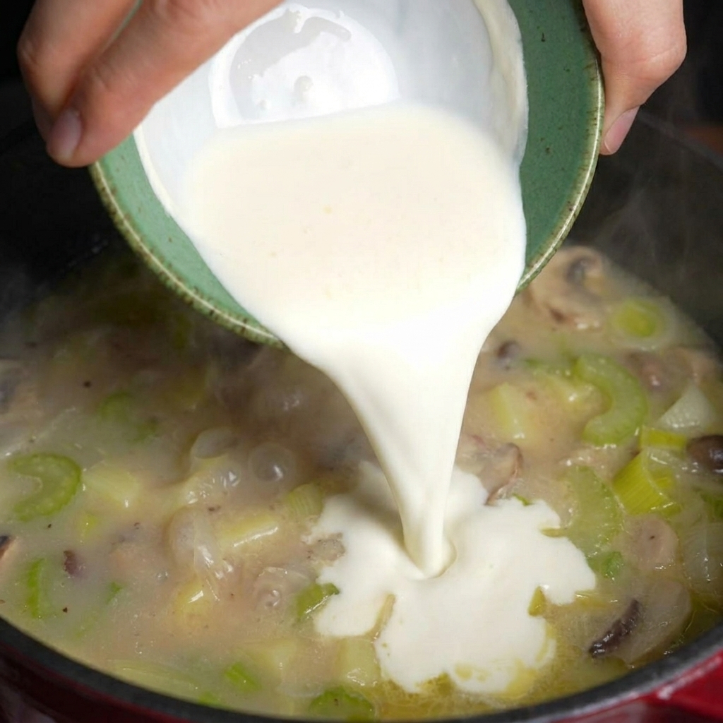 煮込んだ野菜の鍋に、白いミルクとクリームを注いでいる様子
