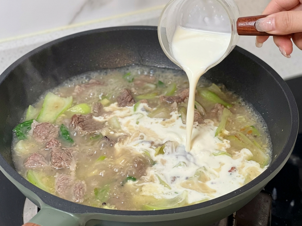 スープの鍋に牛乳と生クリーム、そしてルーを加えて混ぜている様子