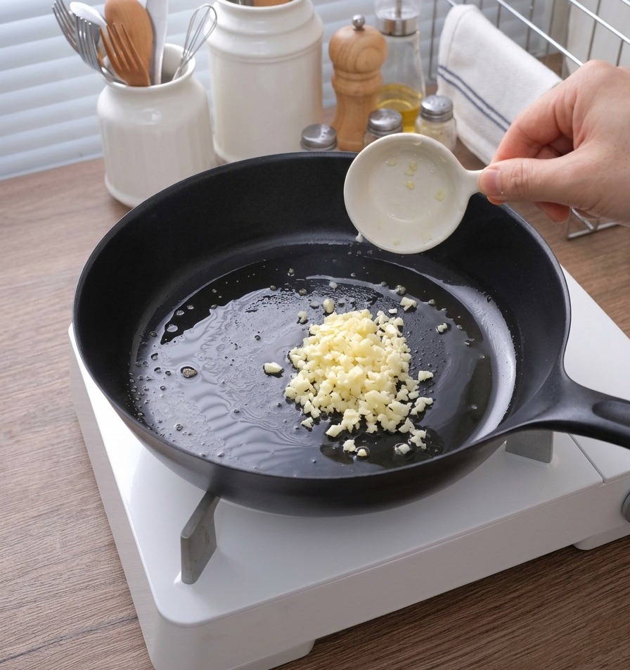 溶けたバターが入った熱いフライパンに、小さな白いカップからみじん切りにしたにんにくを入れている様子。