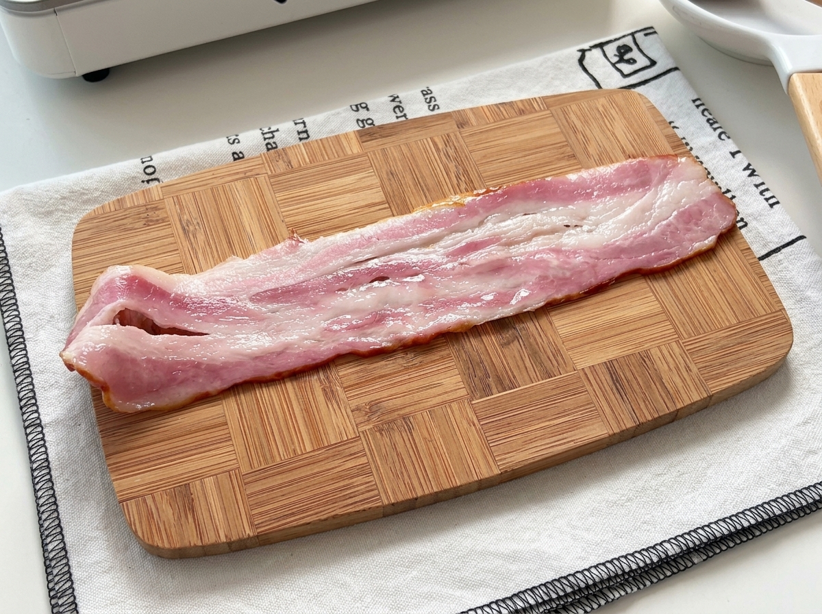 木製のまな板の上に広げられた1枚の生ベーコン。