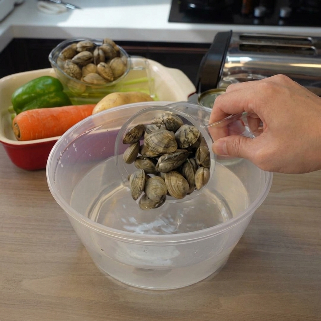 プラスチックのカップから透明なボウルの水に生のあさりを入れている様子。