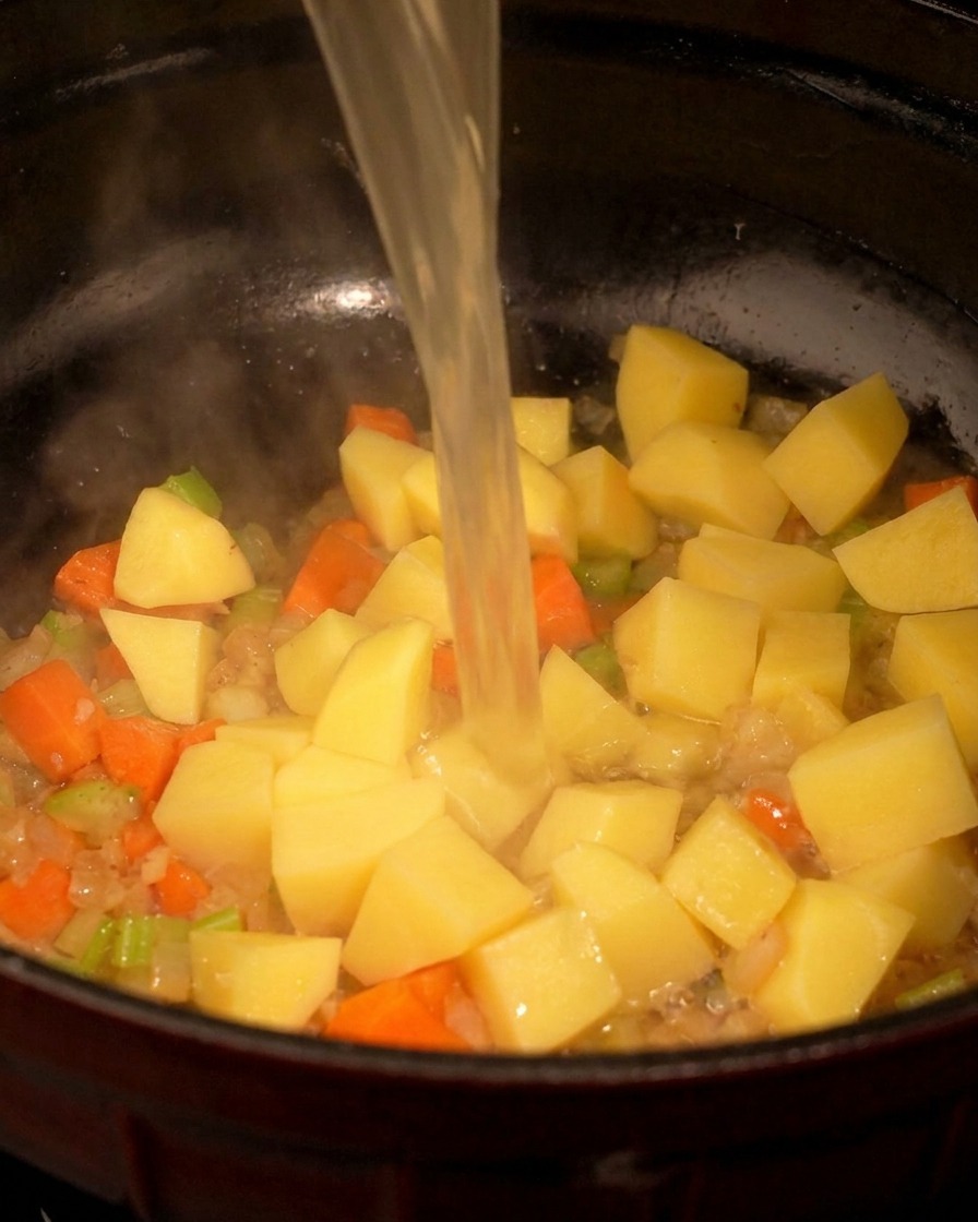 野菜が詰まった鍋に、澄んだチキンブイヨンが注がれている様子。