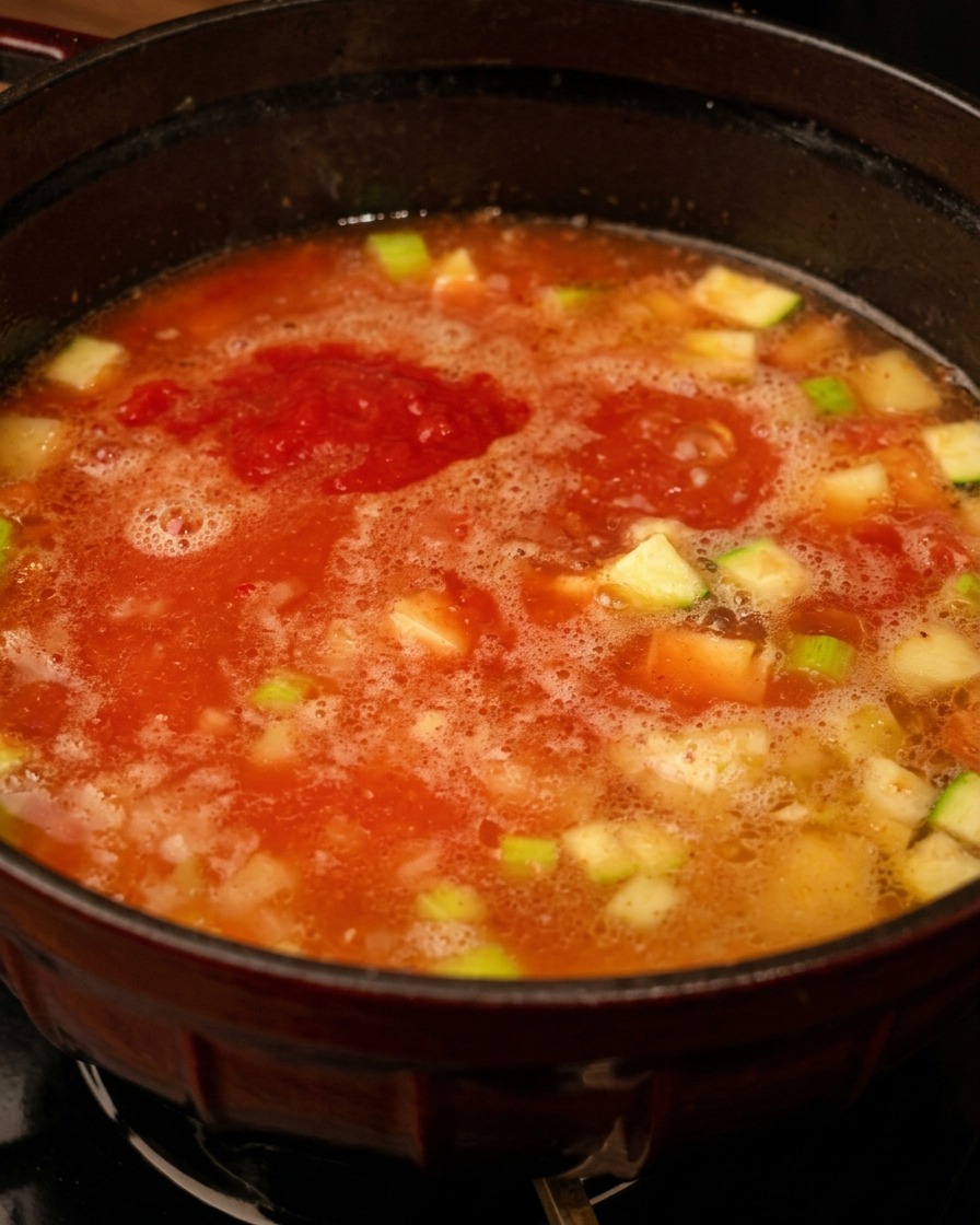 鍋の中で赤いトマトピューレとスープ、野菜が一体となるように混ぜられている様子。