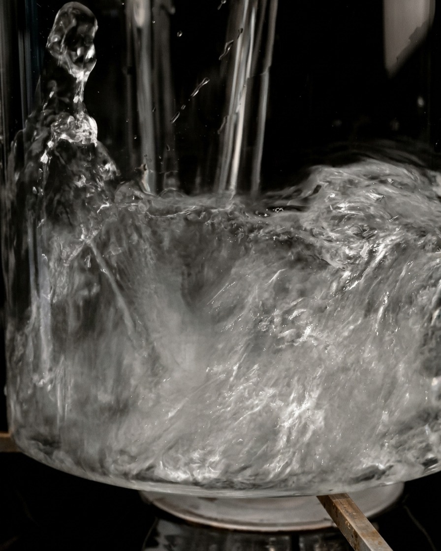 コンロの上の鍋に水が勢いよく注がれ、気泡が立っている様子。