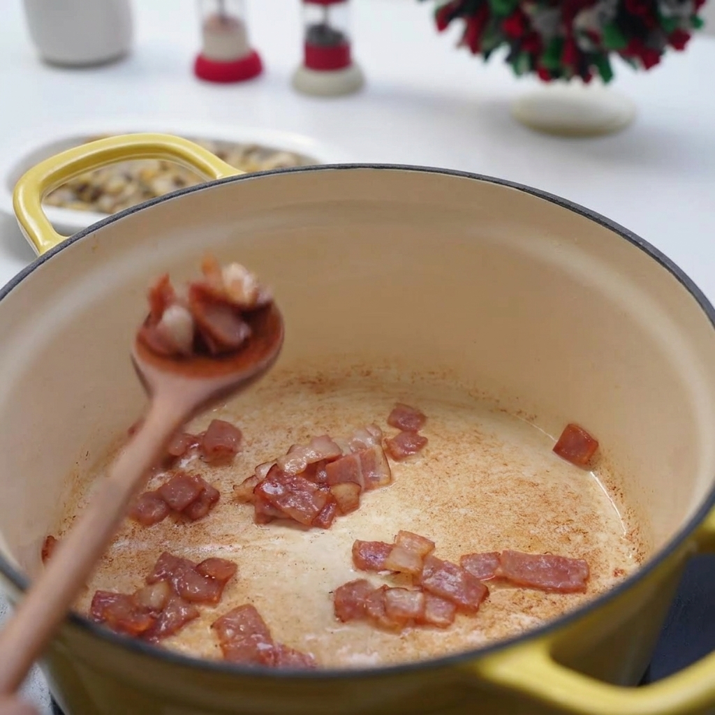 カリカリに焼けたベーコンの半分をスプーンですくい上げている様子