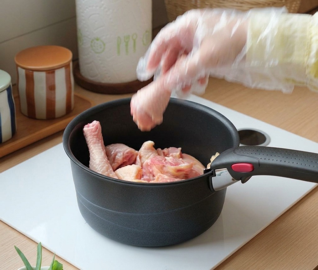 黒い鍋に生の鶏手羽元を入れている様子。