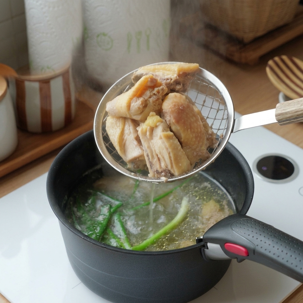 沸騰したお湯から茹でた鶏肉を網じゃくしですくい上げている様子。