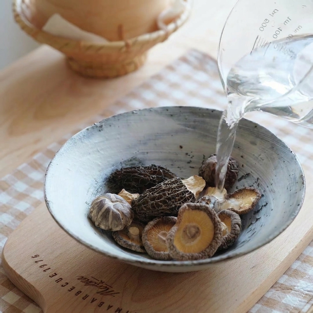 乾燥したモリーユ茸と椎茸が入ったボウルにお湯を注いでいる様子。