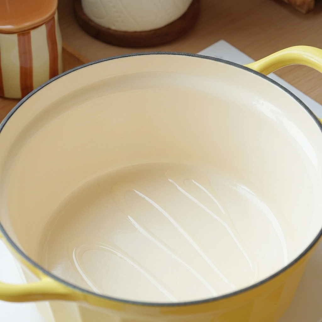 底に薄く油を引いた黄色の鋳物鍋。