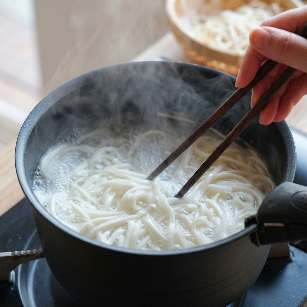 別の鍋で白い麺を茹で、箸で混ぜている様子。