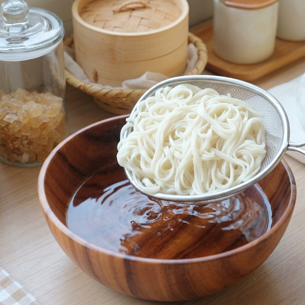 茹で上がった白い麺を大きな網じゃくしで引き上げている様子。