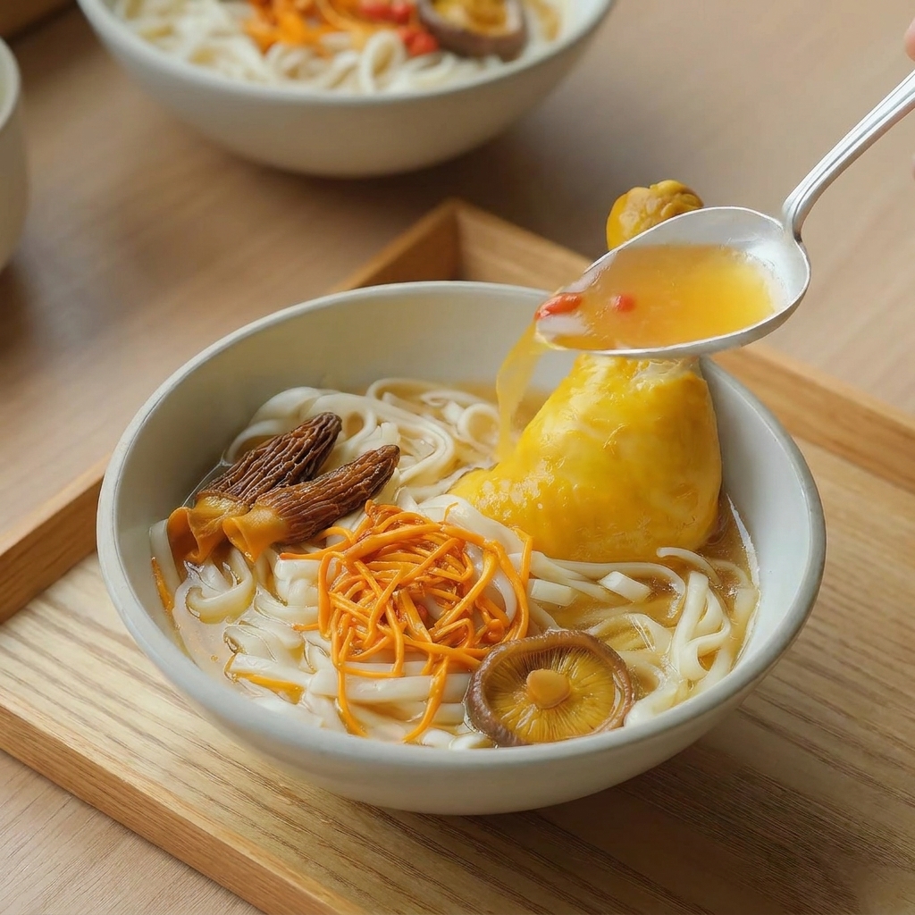 器に盛った麺と具材の上から、お玉で熱い黄金色のスープを注いでいる様子。