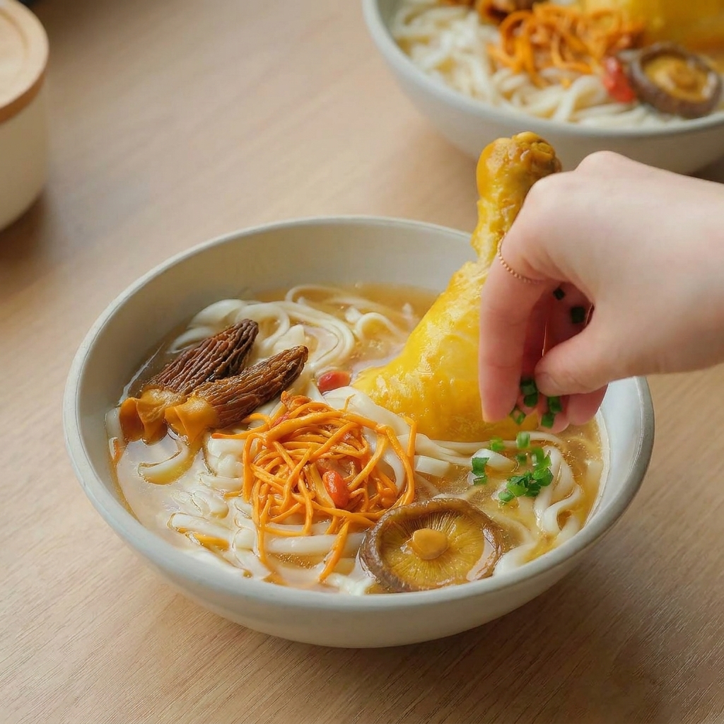出来上がったうどんに刻みネギを散らしている様子。