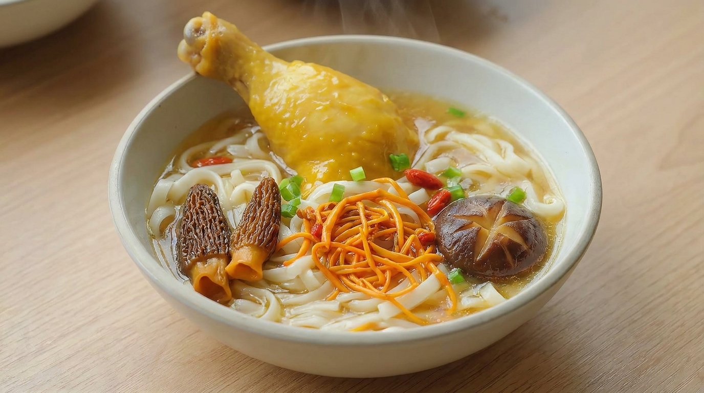 黄金茸と虫草花の鶏煮込みうどん