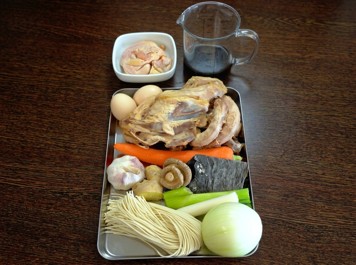 下処理した鶏ガラ、野菜、香味野菜、生麺、卵、醤油が並んだトレー。
