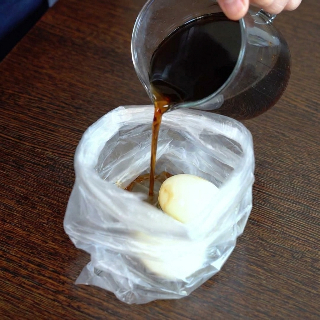 殻を剥いた半熟卵2個が入った保存袋に、濃い色の漬けダレを注いでいる様子。