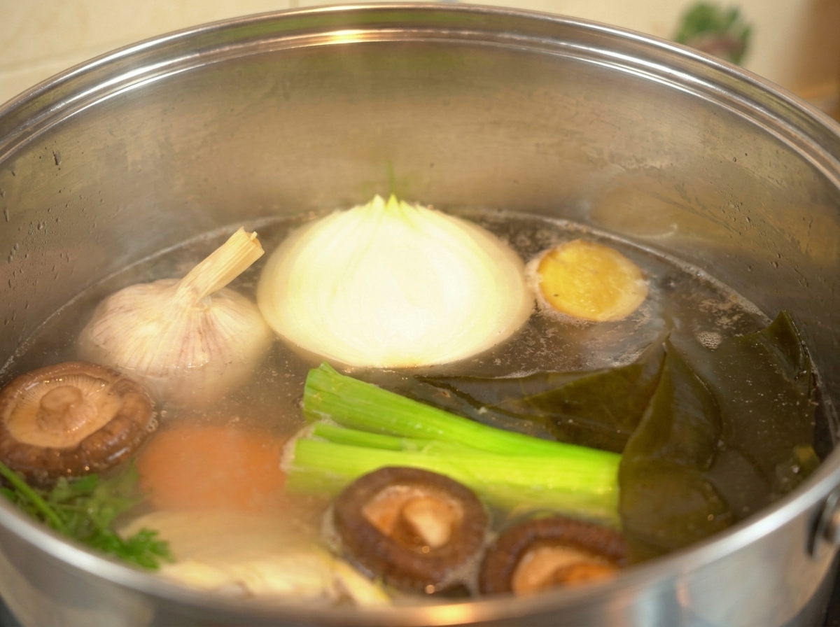 玉ねぎ、椎茸、昆布、長ねぎが浮いた、弱火でコトコト煮える鶏ガラスープ。