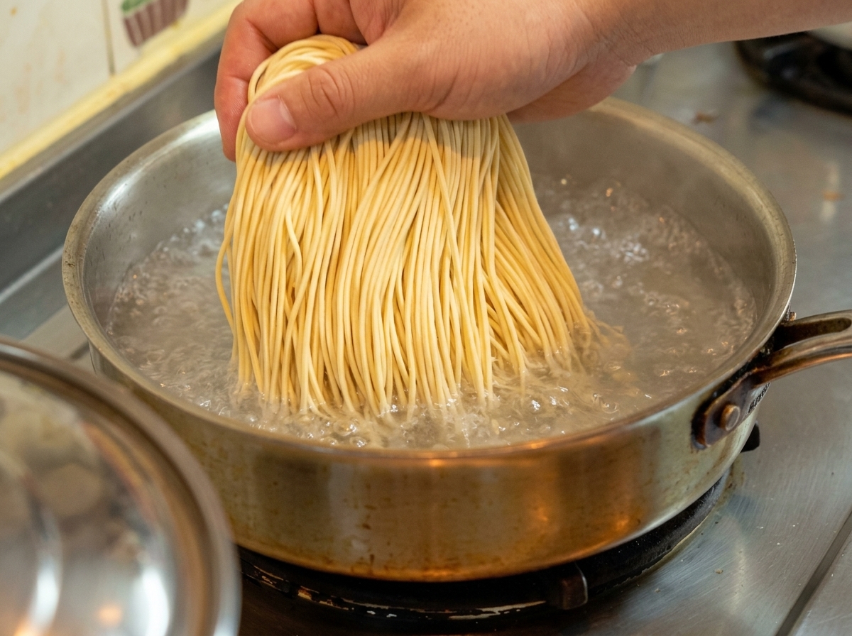 沸騰したお湯に生ラーメンを投入している様子。
