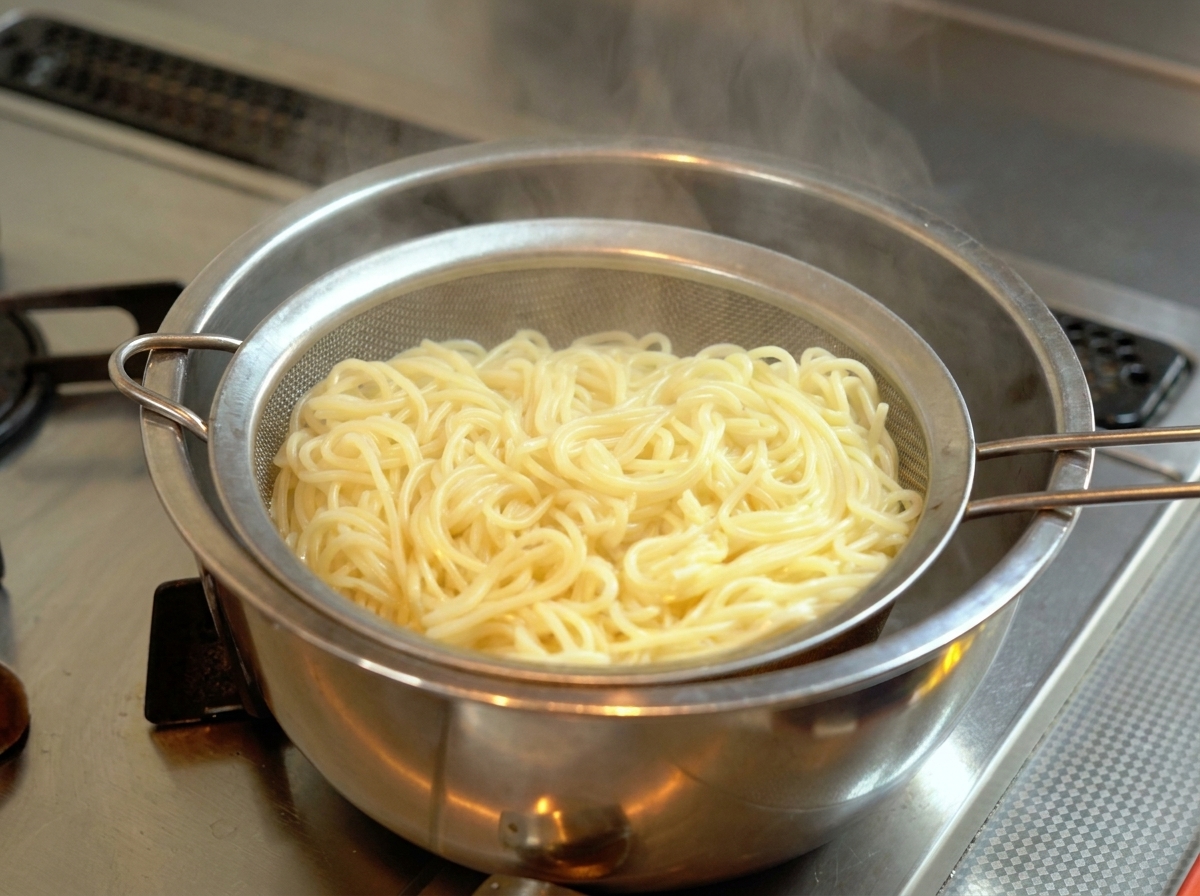 ザルに上げた麺を、鍋の上で力強く振って湯切りしている様子。