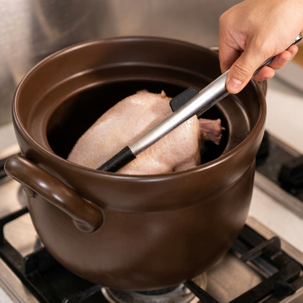 下茹でした鶏肉を茶色の土鍋に丁寧に移動させている様子。