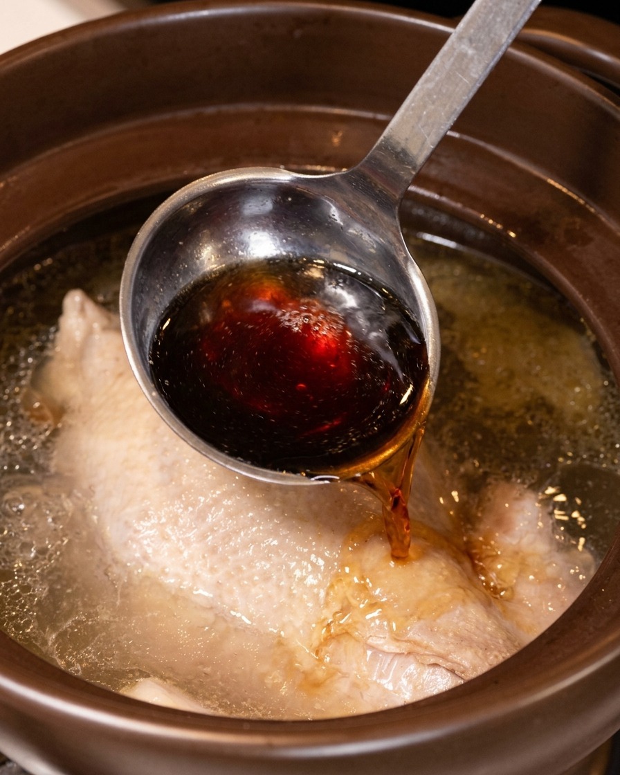 煮込んでいるスープにレードルで紹興酒を回し入れている様子。