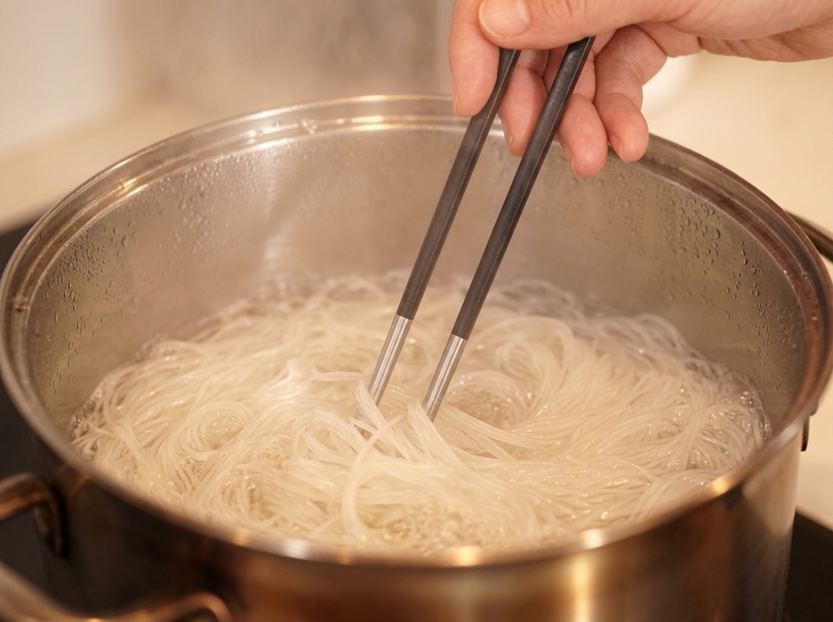 沸騰したお湯で素麺を箸で混ぜながら茹でている様子。