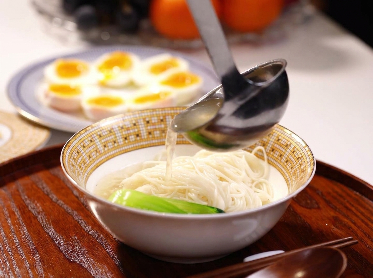器の素麺と青梗菜に、熱々の鶏スープを注いでいる様子。