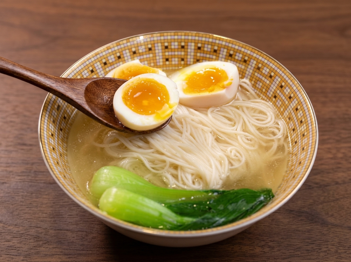 鶏そうめんに半熟卵を添え、刻みねぎを散らしている様子。
