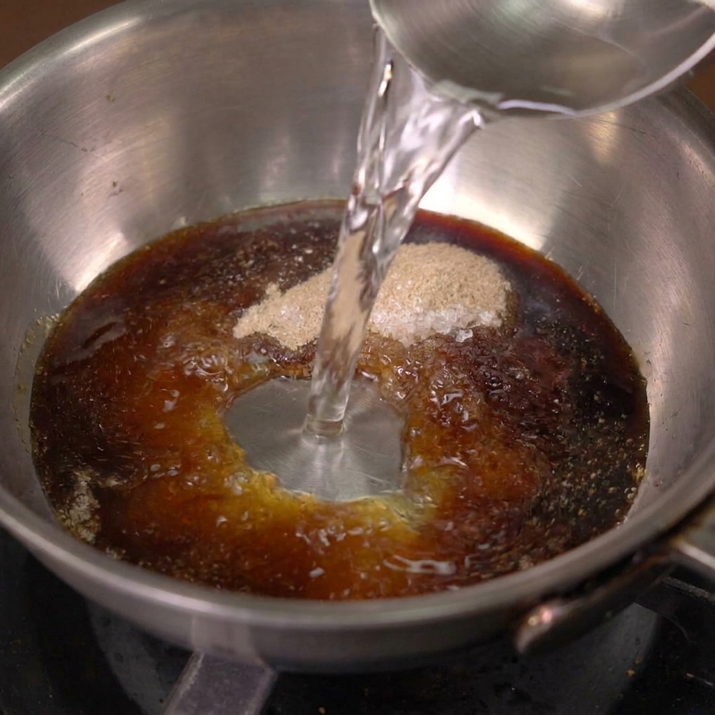 調味料の入った鍋に少量の水を注いで薄めている様子。