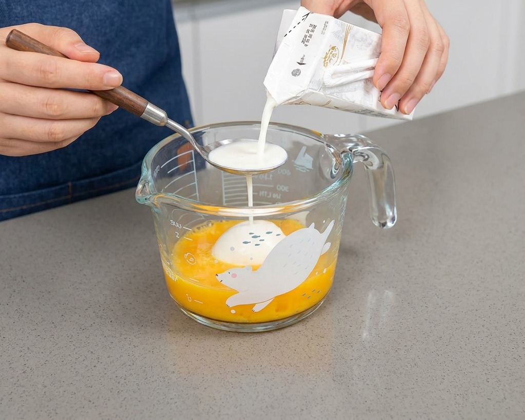 卵の入った計量カップに、スプーンを伝わせて牛乳を注いでいる様子。