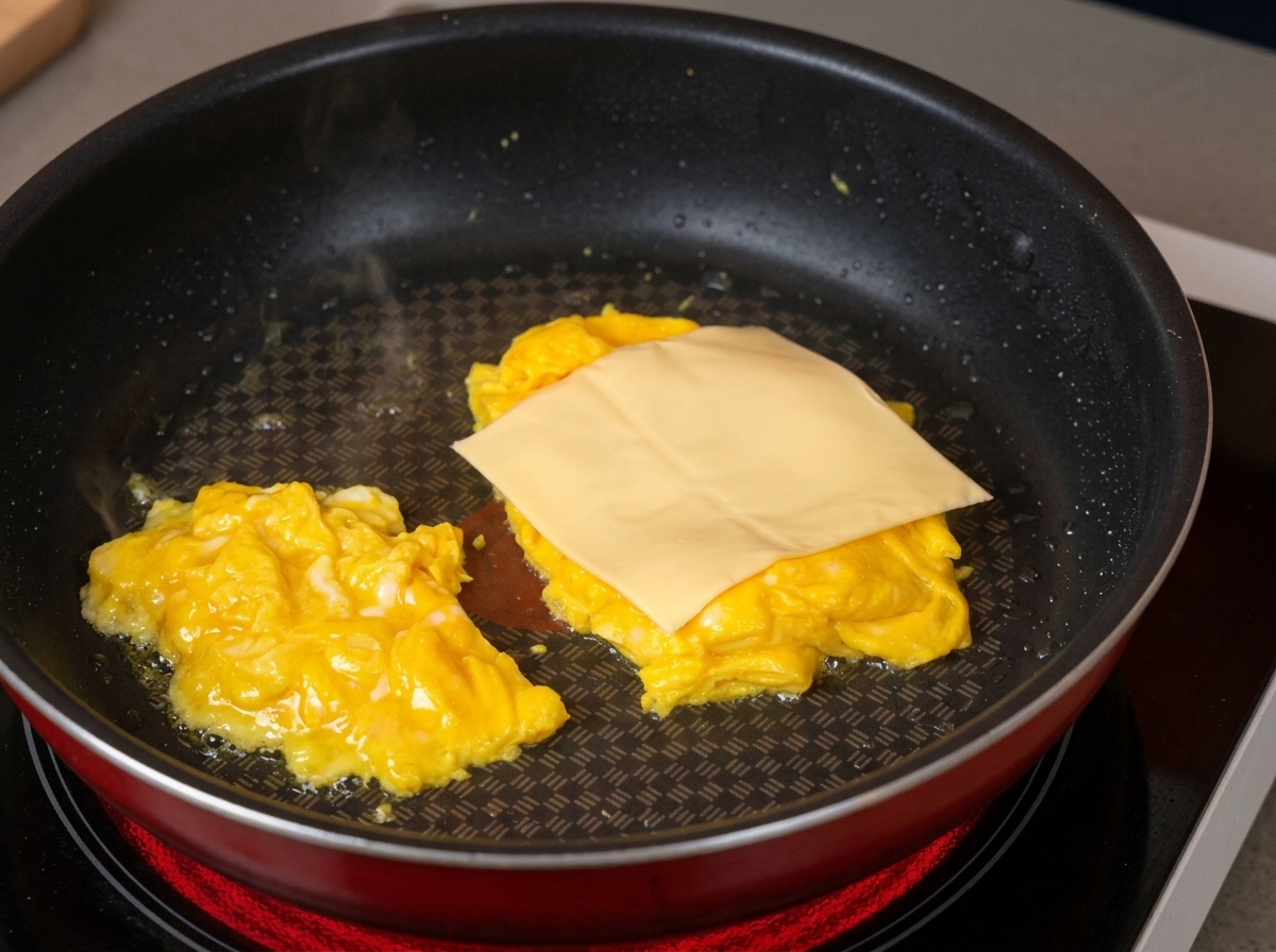 まだ半熟の卵の上に、正方形のスライスチーズを乗せた状態のフライパン。